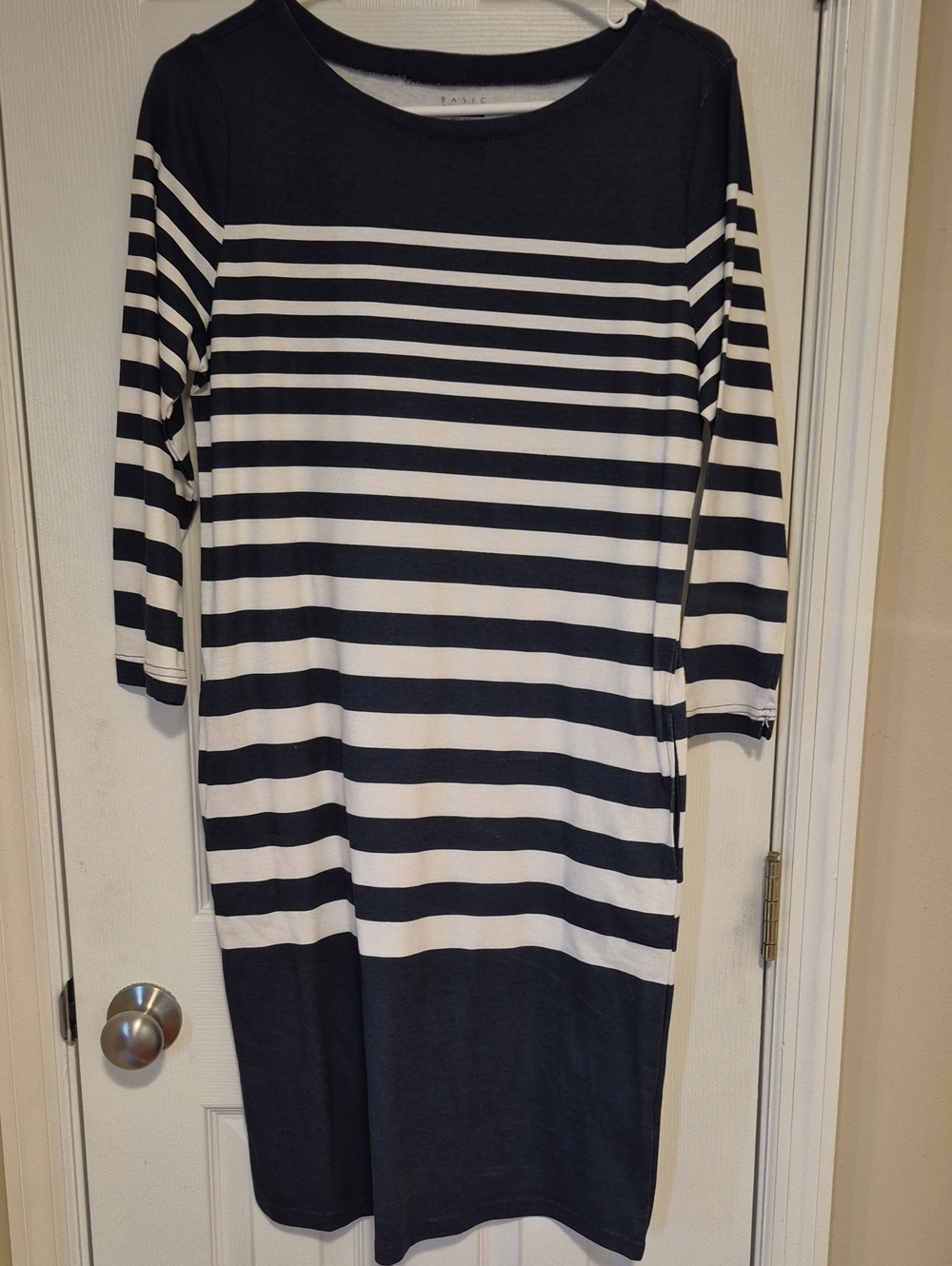 Basic Editions Navy and White Striped Knit Dress